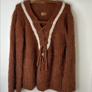 POL Brown Lace-Up Sweater